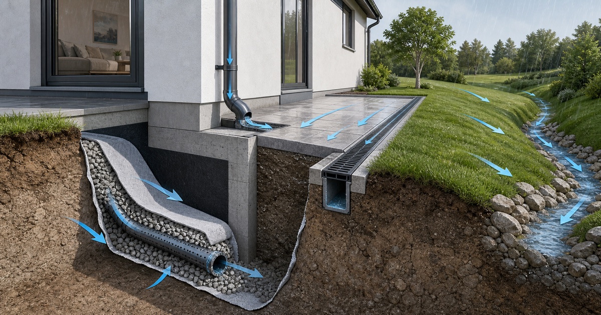 House site drainage showing surface falls, a trench drain, subsoil drain and safe outlet
